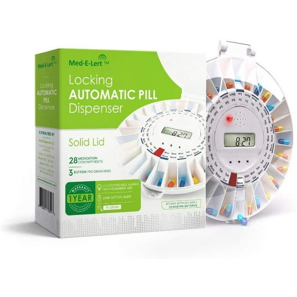 MedELert Premium Locking Automatic Pill Dispenser with Solid White