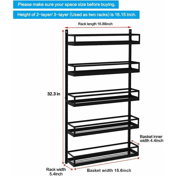 Wall Mount Spice Rack Organizer 5 Tier Height-Adjustable Hanging Shelf Storage for Kitchen Pantry Cabinet, Dual-Use Seasoning Holder with Hooks