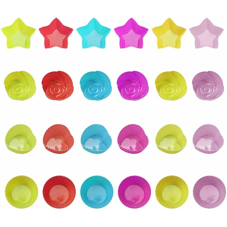 Silicone Cupcake Moulds, Multicolour Shape ( Round, Rose, Star, Heart) Pack  of 8