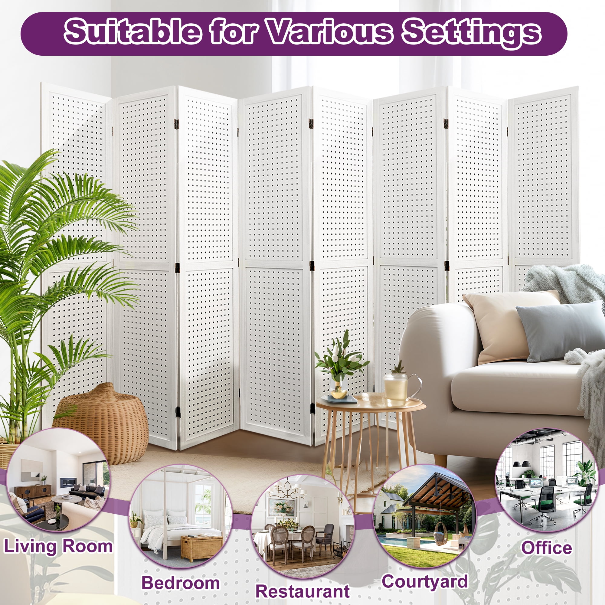 MAYEERTY 8 Panel Wood Pegboard Room Divider, Folding Privacy Screen with Hanging Storage for Bedroom & Office, 67" White