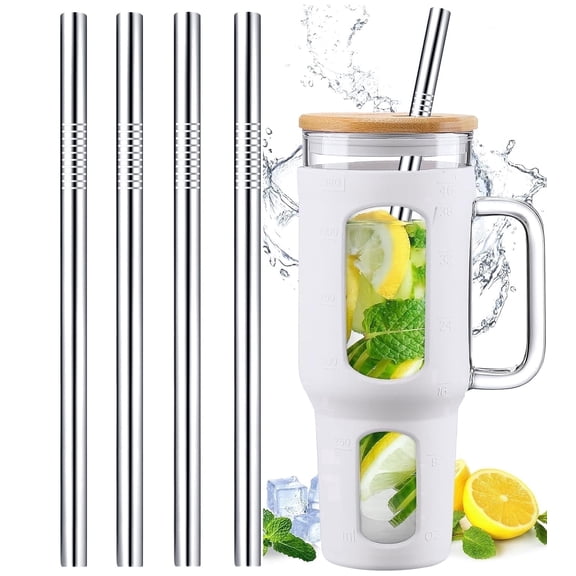 Sinvic Jumbo Smoothie and Milkshake Reusable Metal Straws, 9mm Wide for Cold Drinks, 12 Inch Long for 40oz Tumbler, Stainless Steel, 4 Straight Straw with 1 Cleaning Brush