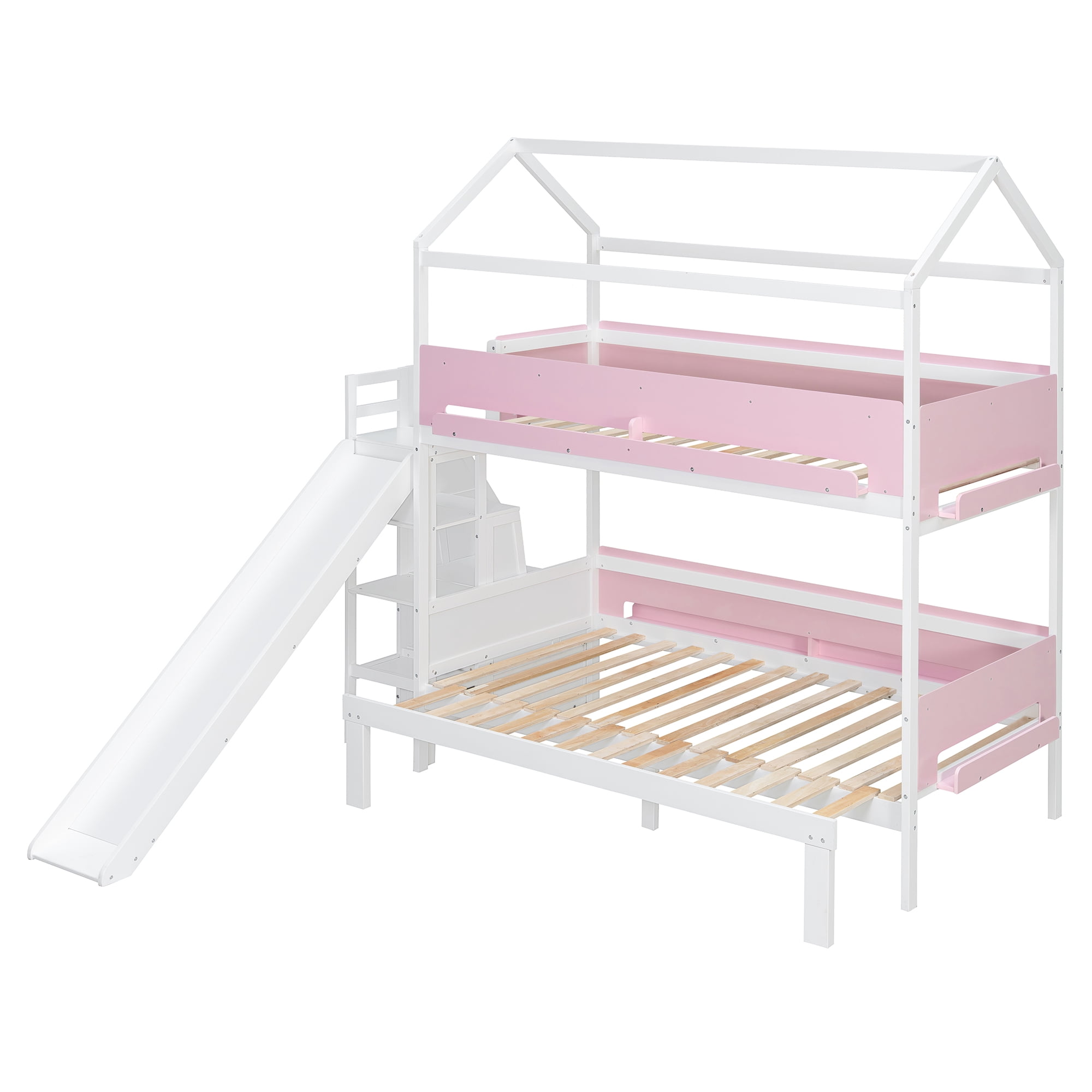 Mintazer Kids Twin Over Full Bunk Bed House-Shaped Bed Frame with Slide & Storage Staircase for Children Bedroom, Pink