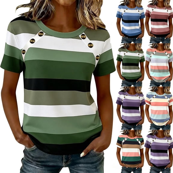 Hilzaten Womens Crew Neck Shirts Casual Stripe Short Sleeve Leisure Loosse Womens Tops