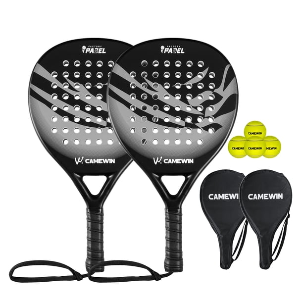CAMEWIN 2 Palas de Pádel con Fundas, 2 Raquetas y 4 Pelotas,Kit de Raquetas para Pádel Fabricadas 100% Fibra de Carbono y Núcleo de Espuma Flexible de Memoria EVA, para Principiantes e Intermedios