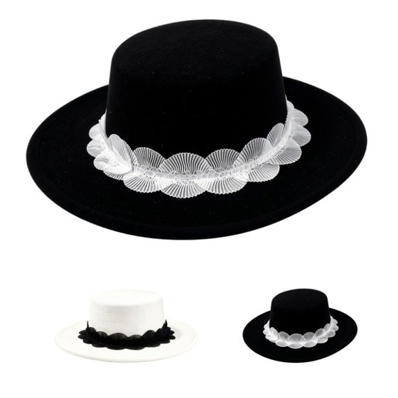 Vintage Halloween Style Flat Top Wide Brim Hat With Elegant Lace Trim, Soft Felt Fashion Hat, Chic Headwear Accessory For Dinner Party, Photoshoot, Holiday Gathering And Formal Occasions Black