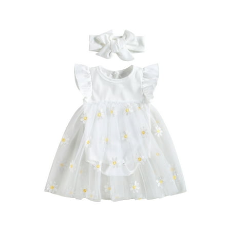 

Newborn Baby Girl Summer Rompers Dress Ruffle Fly Sleeve Daisy Embroidery Bodysuit