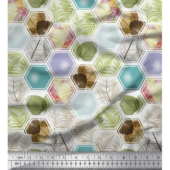 Soimoi Satin Silk Fabric Geometric & Leaves Patchwork Print Fabric by Yard 42 Inch Wide