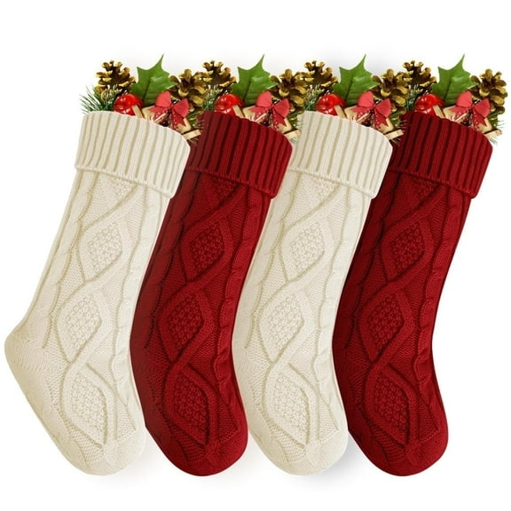 kibhous 4PACK Christmas Stockings, Knitted Stocking for Holiday Christmas Party Family Decorations (Red White)