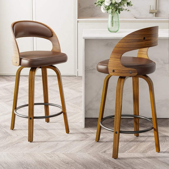 SUNCOZE Bar Stools Set of 2, 26 Inch Counter Height Modern Swivel Bar Chairs with PU Leather Upholstery and Solid Wood Legs, for Kitchen Island or Home Bar, Brown
