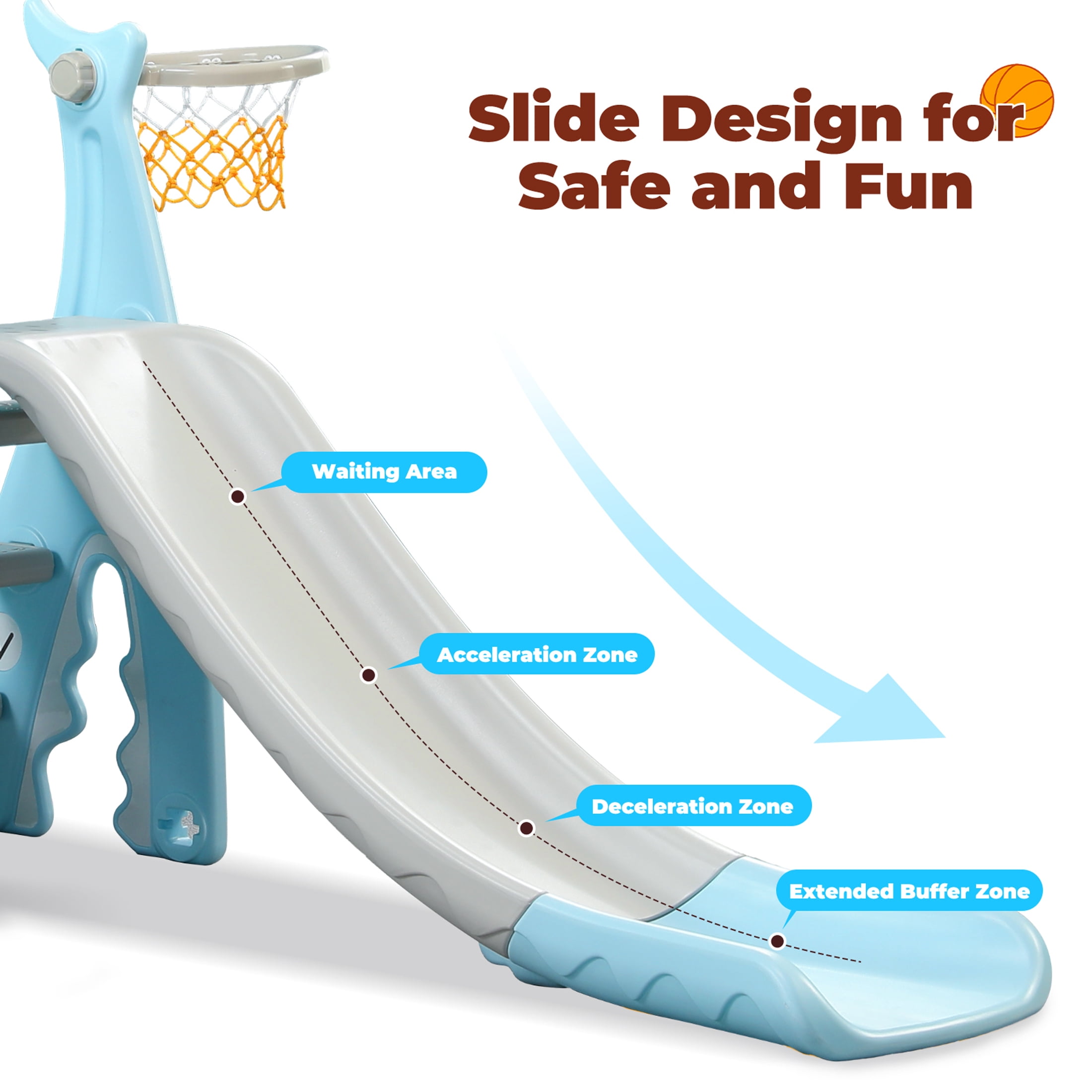 Ealing Slide and Swing Set for Toddlers Age 1-3,4 in 1 Indoor Outdoor Baby Swing Toys Playset with Basketball Hoop,with Safety Belt ,Extra Long Slide 53.1  in,Blue