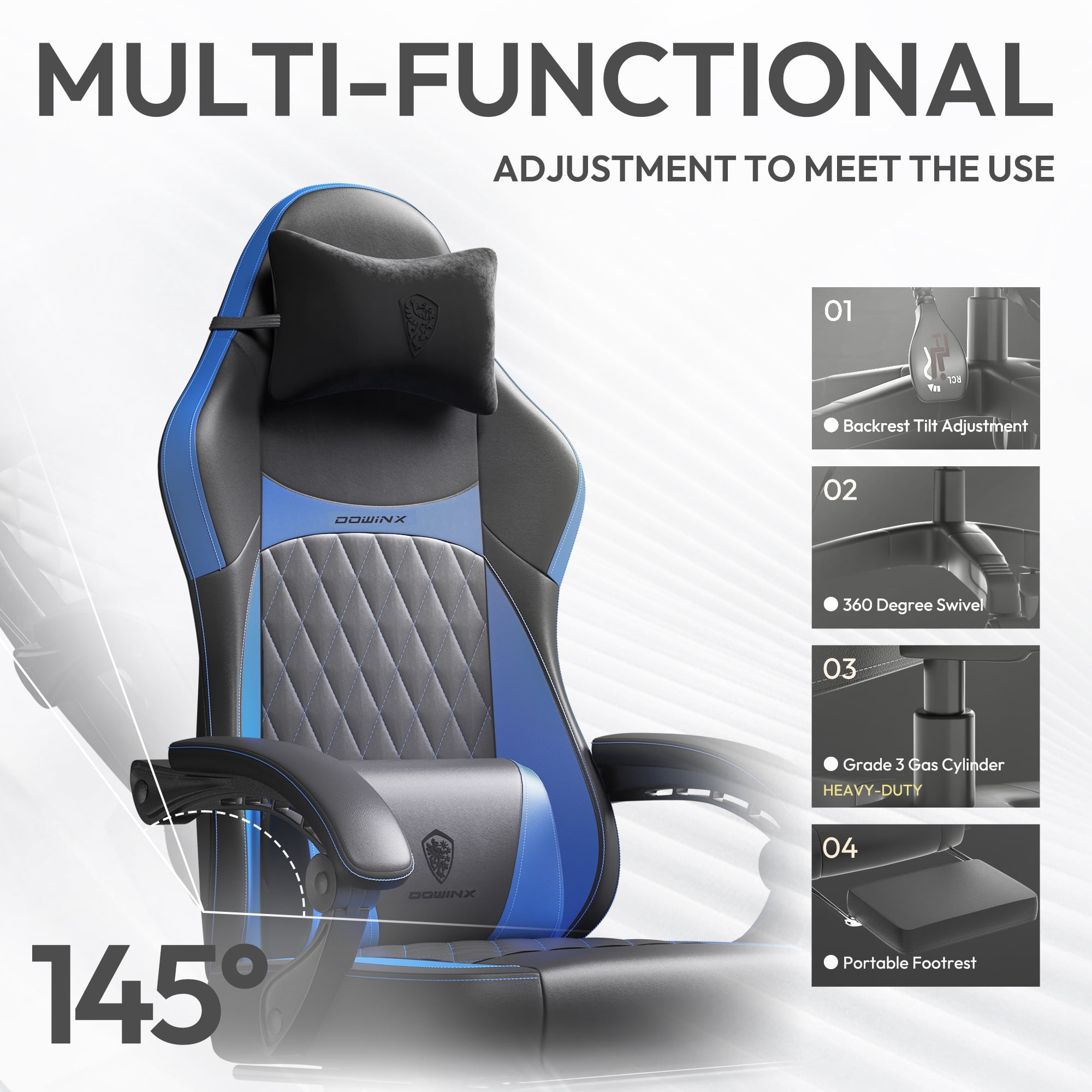 KARXAS Adult Gaming Chair Faux Leather PC Gaming Chair with Footrest and Lumbar Support, Black and Blue