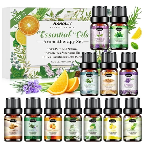 Hanolly Essential Oils Set, Hypoallergenic Aromatherapy Oils for Diffuser, Humidifier, Massage, Skin Care, 12 Pack, 5 ml