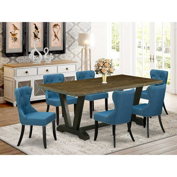 East West Furniture V677SI121-7 7-Piece Modern Dining Table Set- 6 Dining Padded Chairs with Blue Linen Fabric Seat and Button Tufted Chair Back - Rectangular Table Top & Wooden Legs - Distressed...