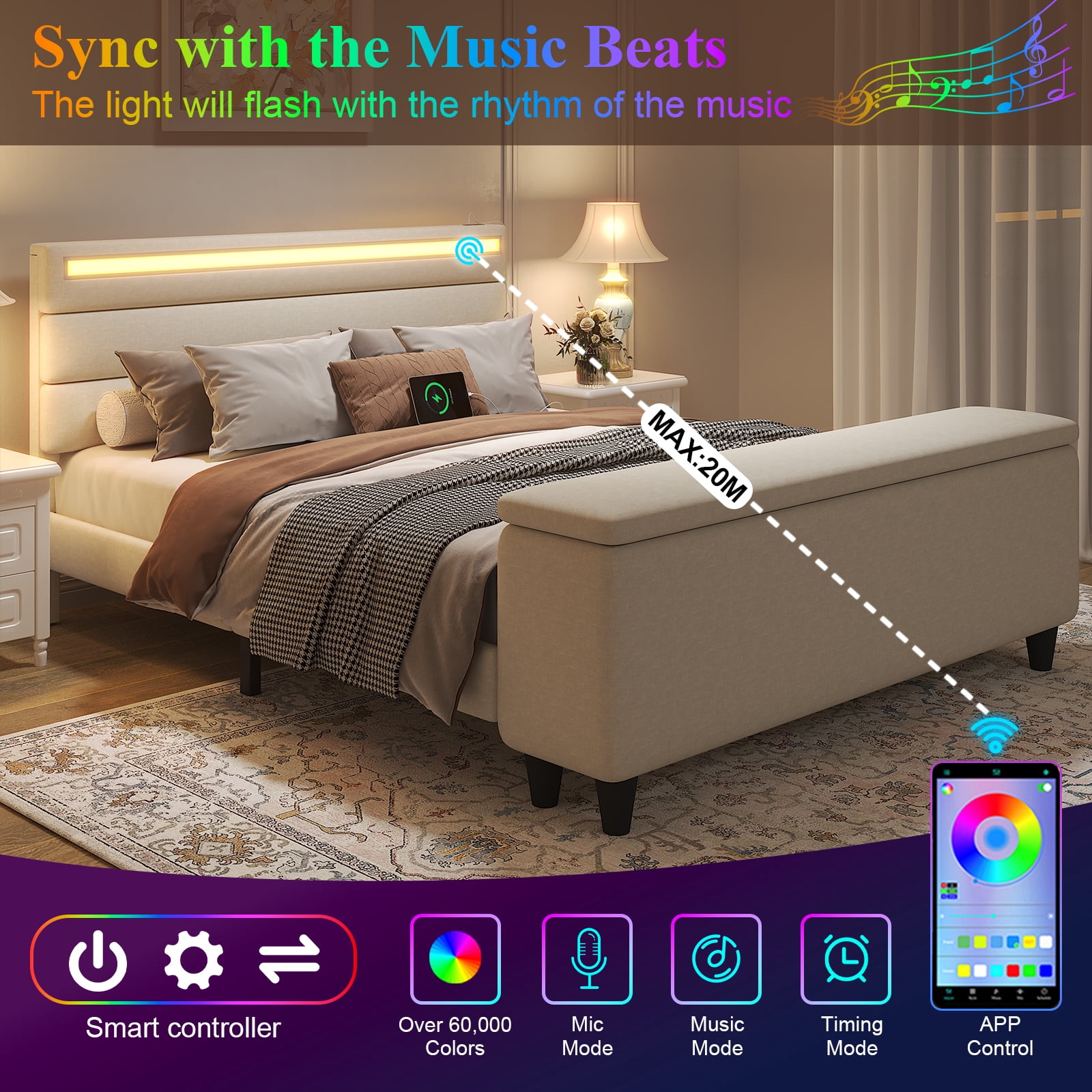 E-motie Full Upholstered Bed Frame with Storage Ottoman, Charging Station and LED, Beige Full Bed
