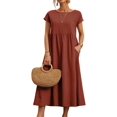 thumbnail image 1 of Womens Cotton Linen Short Sleeve Casual Loose Crew Neck Beach Dress with Pockets, 1 of 5