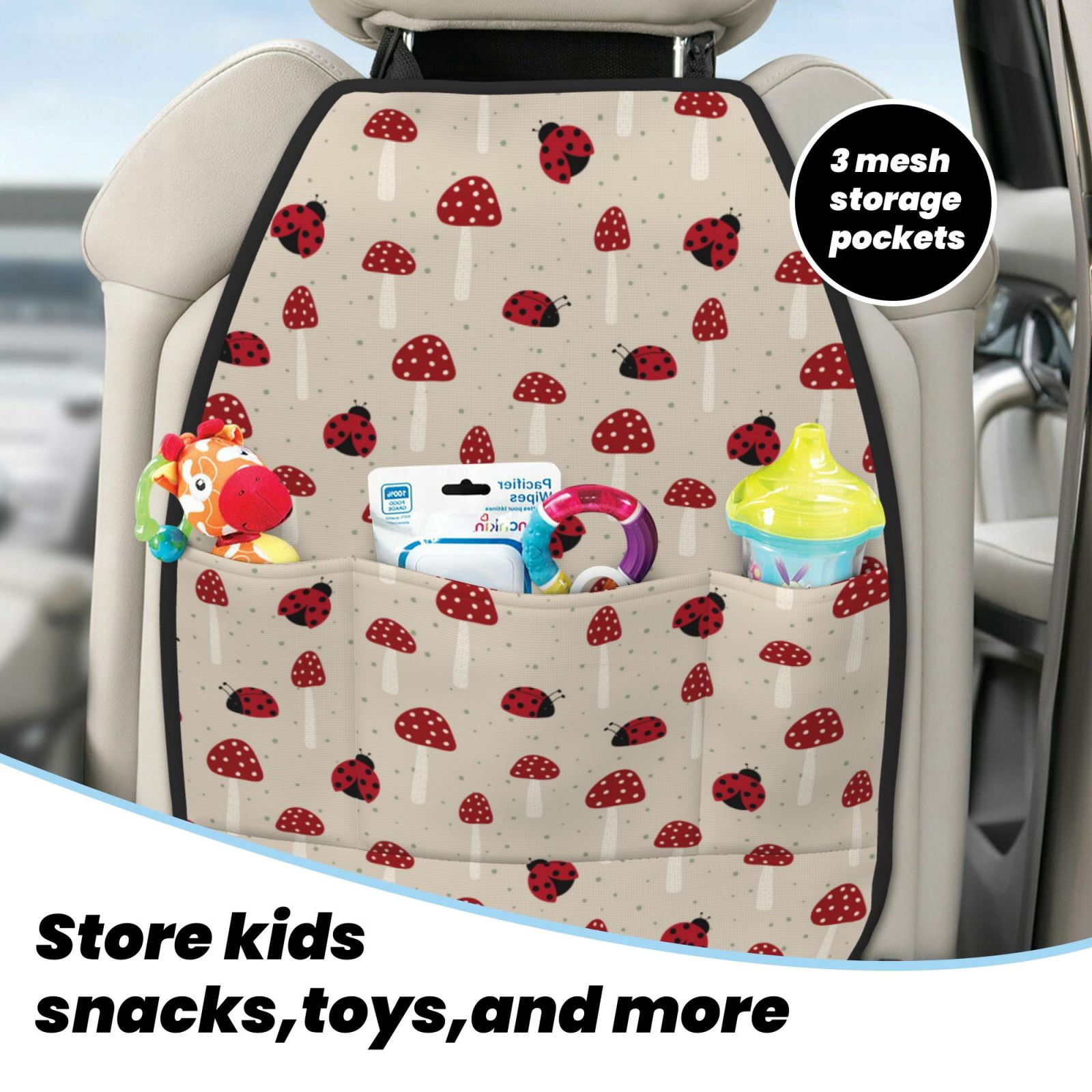 Naloa Ladybug With Mushroom 2Pcs Anti-Kick Back Seat Cover Kick Mat, Car Seat Protector with 3 Storage Pockets