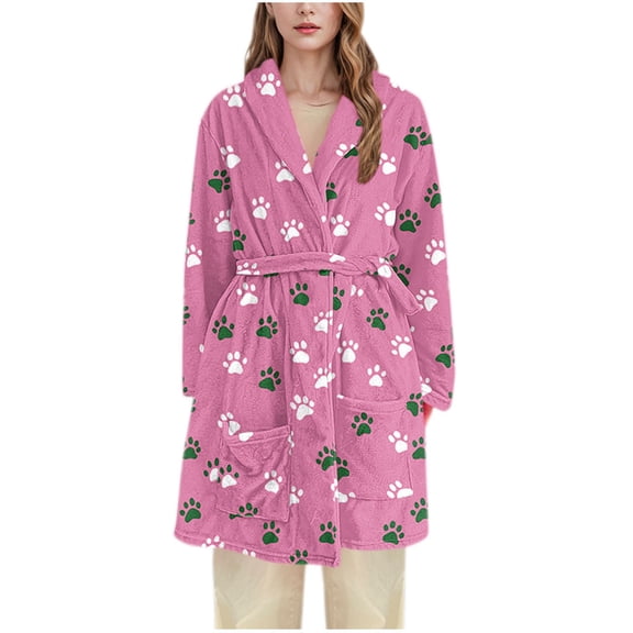 successthop Plus Size Flannel Robe Women Fuzzy Pajamas Belted Knee Length Shawl Collar Claws Bathrobe with Pockets Pink