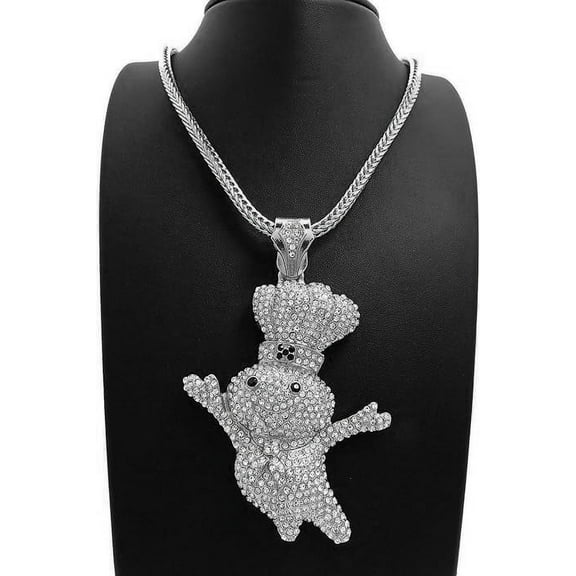 Iced Silver Plated Large Doughboy Bling Pendant & 4mm 36" Franco Chain Hip Hop Style Jewelry Necklace Gift