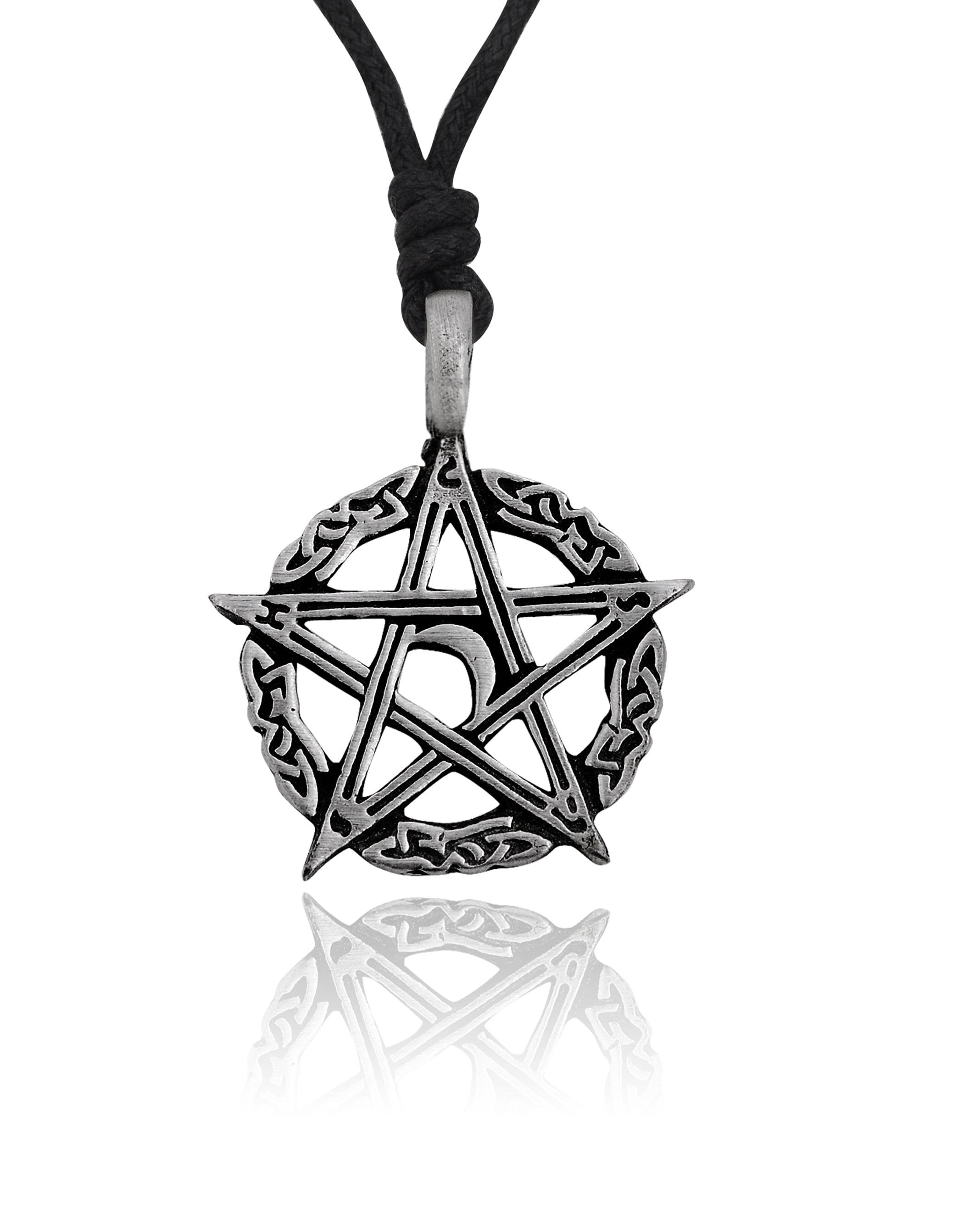 Pentagram silver 925 hooks earrings & pentagram black wax cord necklace set