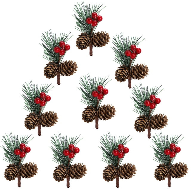 Artificial Stem Christmas DIY Pine Cone Pendant Simulation Berry PVC Florist Decoration Wedding Decor 10pcs Snowy Picks