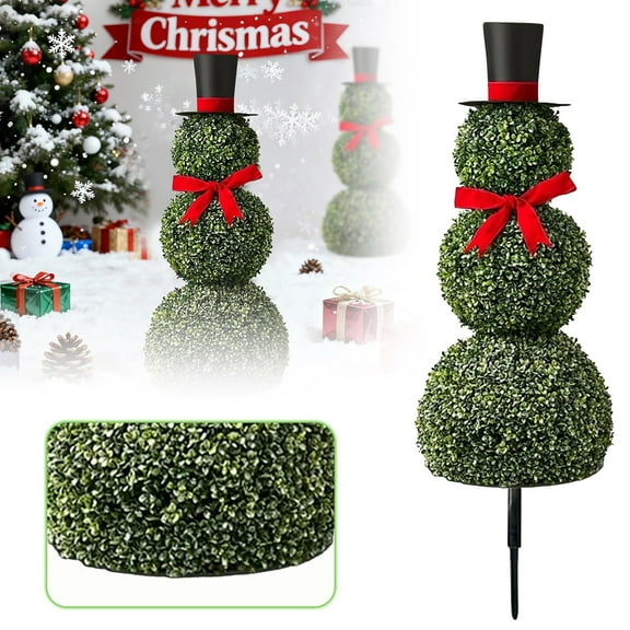 Christmas Snowman Topiary 2025 New 31.5in Artificial Snowman Shaped Tree Pot with Red Bow Santa Hat Boxwood Topiaries for Indoor Outdoor Home Porch Yard Holiday Decor, 1PC