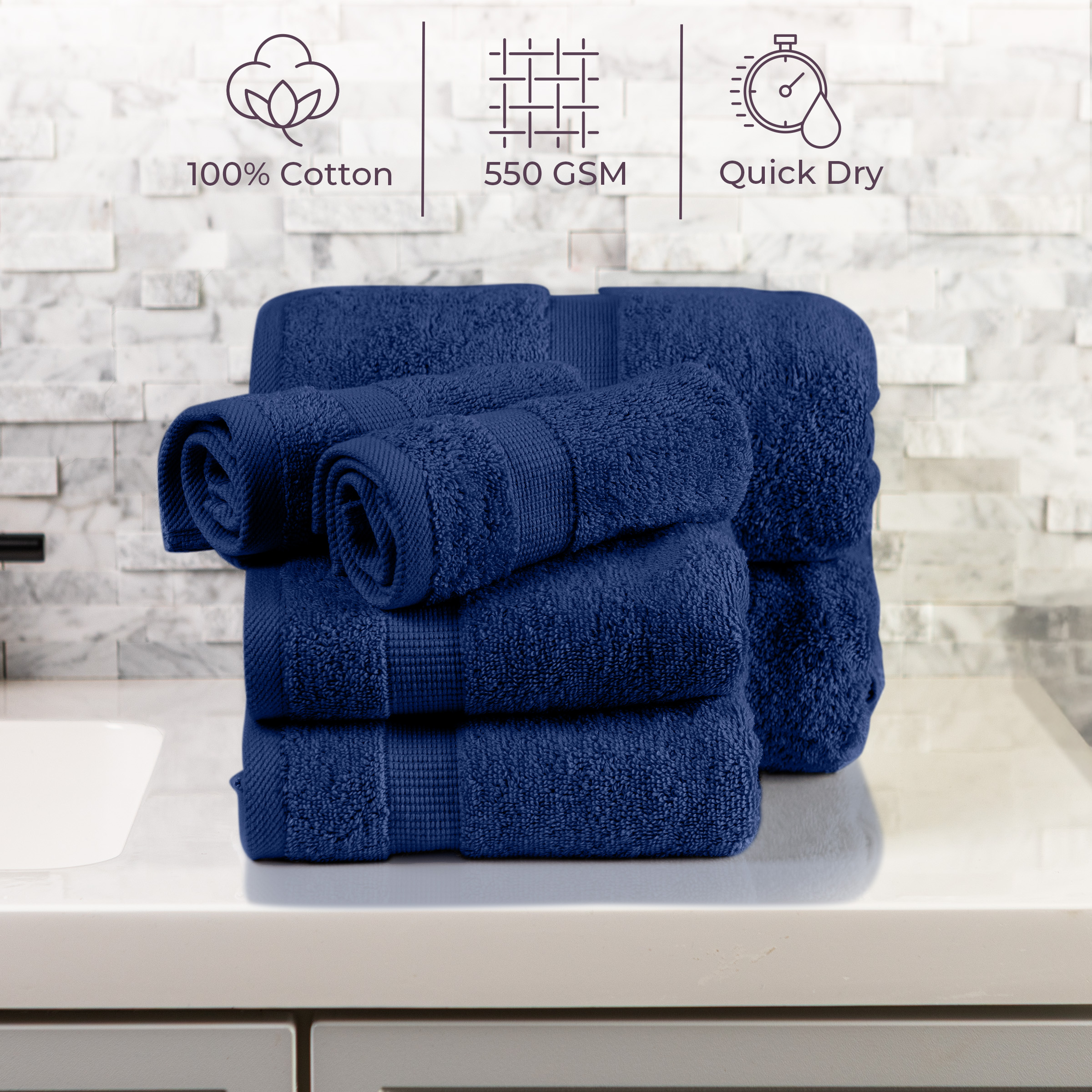 Lavish Home 6 Piece Cotton Towel Set with 2 Bath Sheets, 2 Hand Towels, and 2 Wash Cloths (Navy)