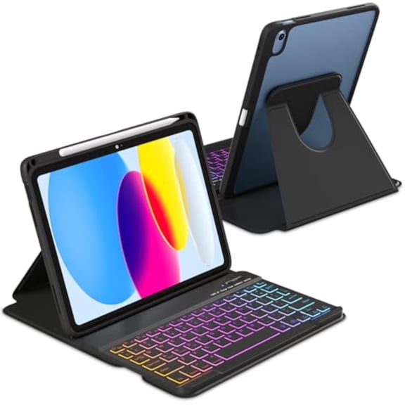 360° Rotatable Detachable Keyboard Folio with 7-Color Backlight & Pencil Holder for A16 iPad 10th & 11th Generation (2025),Deep Black