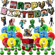 43 Pcs Miner Crafting Birthday Party Supplies - Minecraft Decorations Set with Balloon,Birthday Banner, Cupcake Toppers,Hanging Swirls for Video Game Theme Miner Crafting Party Decorations Backdrop