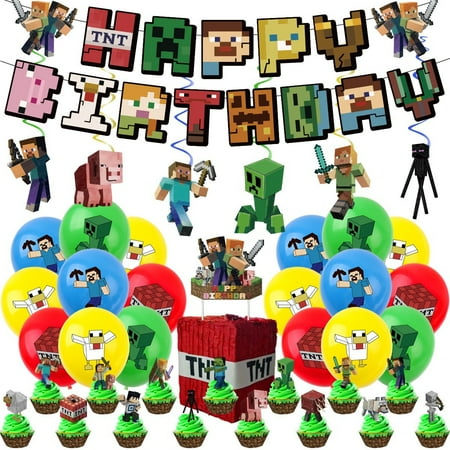43 Pcs Miner Crafting Birthday Party Supplies - Minecraft Decorations Set with Balloon,Birthday Banner, Cupcake Toppers,Hanging Swirls for Video Game Theme Miner Crafting Party Decorations Backdrop