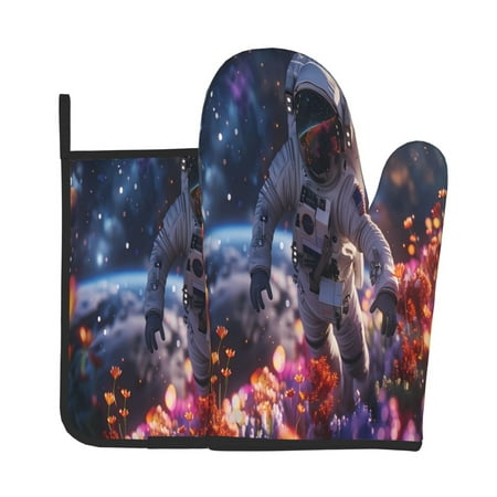 

Lukts Astronaut In Cosmic Garden Print Kitchen Heat-Resistant Gloves and Spacers 2pcs Set Suitable for Baking and Cooking