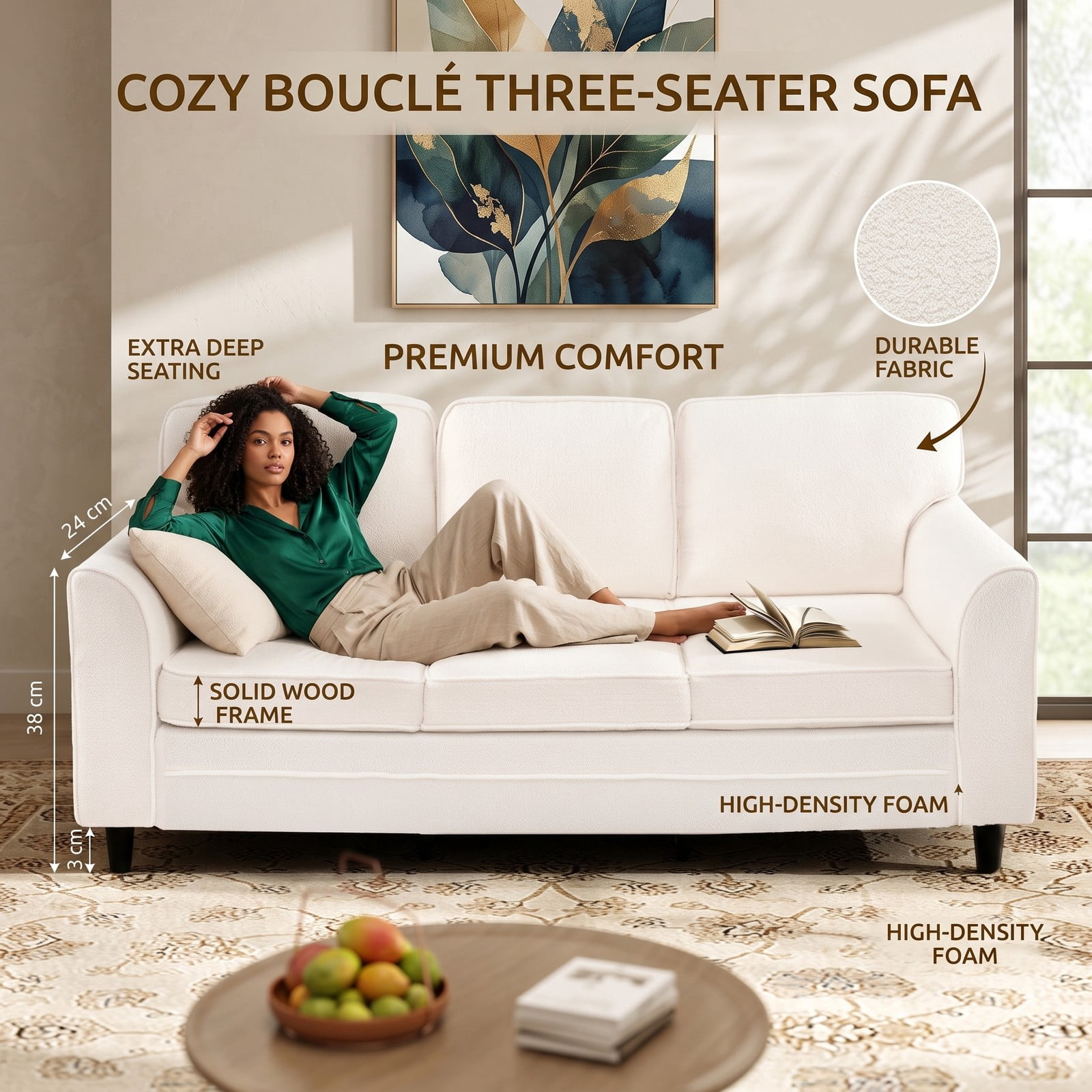 Furnibear Modern Teddy Velvet 3-Seat Sofa, Upholstered Couch with Comfy Back Pillows and S-Spring Support for Living Room Bedroom Office, 485 lbs Capacity, White