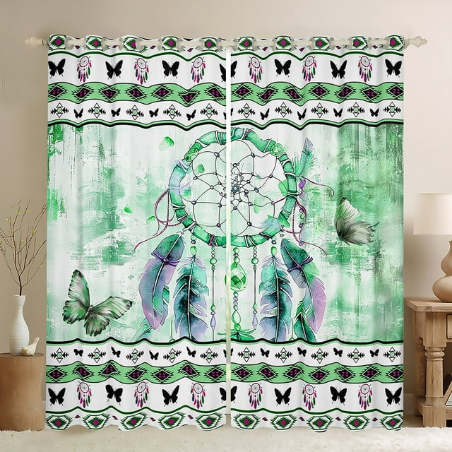 YST Rideaux et Draperies Attrape-Rêves Hippie Rideaux Ombrés Verts pour Filles, Rideaux Occultants Chic Papillon Rideaux de Salon Dégradé Aquarelle, Rideaux de Fenêtre Style Exotique Tribal Aztèque