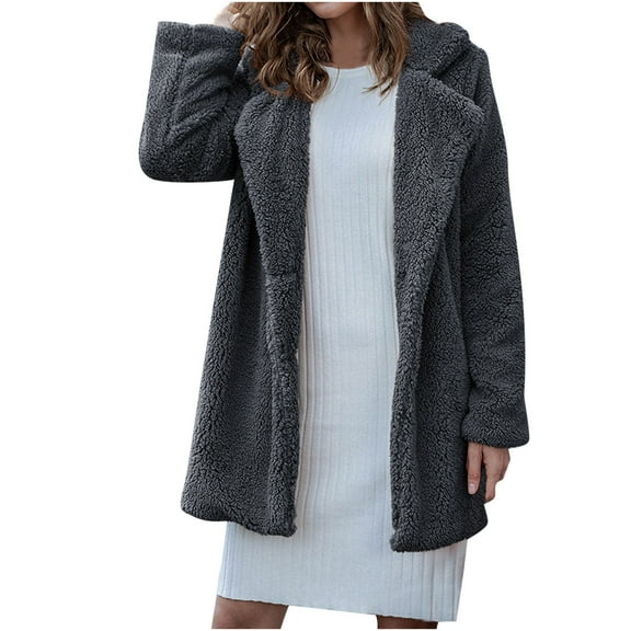 IROINNID Women's Mid-Length Shearing Jacket Notch Lapel Solid Color Long Sleeve Loose Button Thickened Plush Coat, Gray