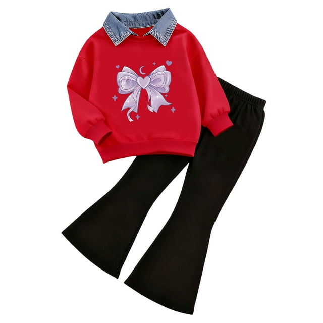 CAUYDY Girl Loungewear Set Cozy Polo Neck Sweatshirt and Flared Pants for Spring Fall Weather Two-Piece Comfort Set(Dark Purple,3-4 Years)