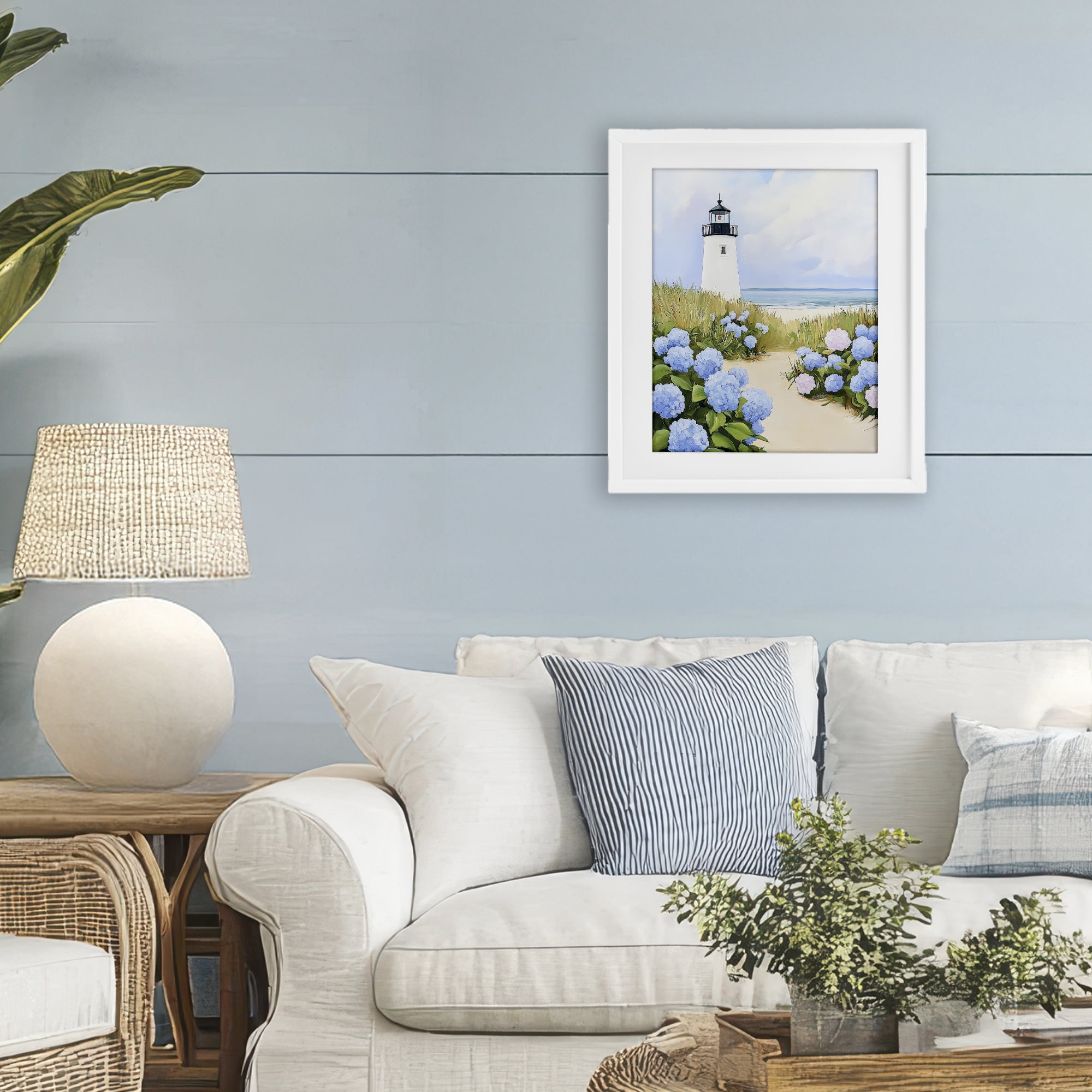 Stupell Industries Hydrangea Path Leading to Lighthouse White Framed Print Under Glass, design by Sisi and Seb