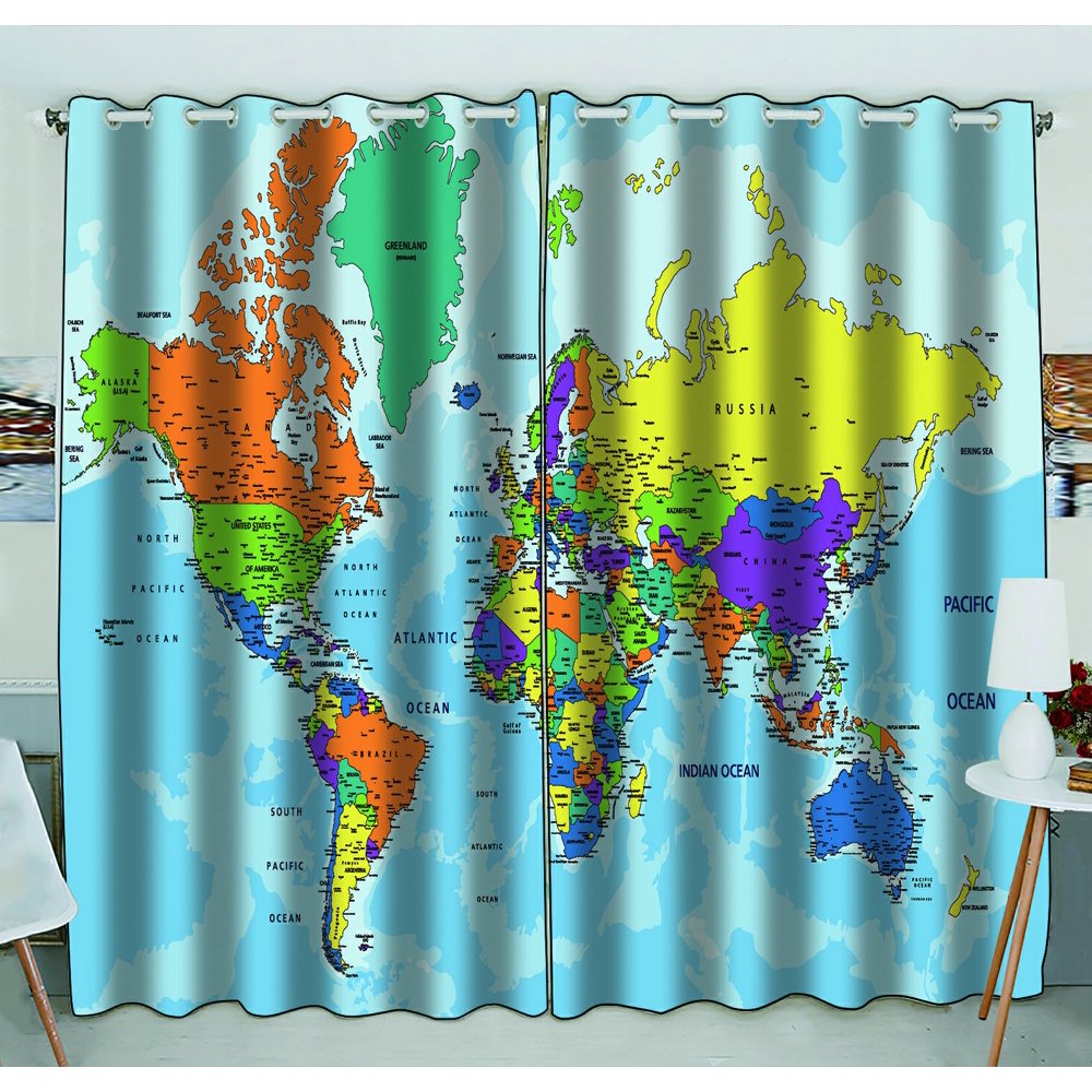 PHFZK Educational Window Curtain, Colorful World Map Window Curtain