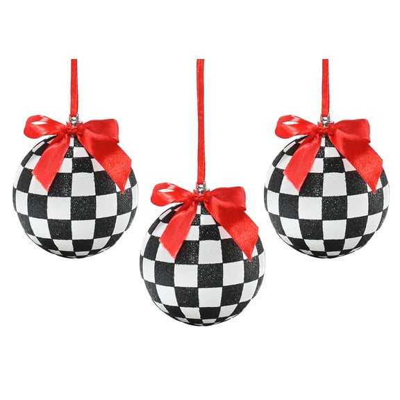 Ornativity Black and White Ornaments - Glittered Black and White Checkered Ball Ornament with Red Bow and String Christmas Tree Decoration Set - Pack of 12