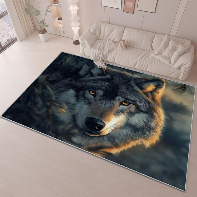 Jungle Area Rugs Animal Grey Wolf Soft Non-Slip Faux Wool Area Rugs, Machine Washable Kids Rug for Boys Girls Bedroom Living Room Dining Room Nursery & Home Office Decor 5 X 8 Ft
