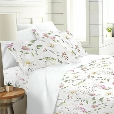 USBSO Floral Sheets Floral Fitted Sheets Queen Flower Aesthetic Bed Sheets Full Soft Deep Pocket Queen Sheet Set - 1pc Flat Sheet, 1pc Fitted Sheet, 2pc Pillowcases Flowers Ultra Soft
