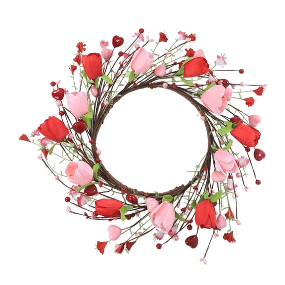 Valentines Day Gifts 36x36cm Valentine's Day Wreath Pink Valentine Wreath for Front Door with Red Love Heart Berries Pink Tulips for Mother's Day Wedding Anniversary Holiday Decorations,2XL