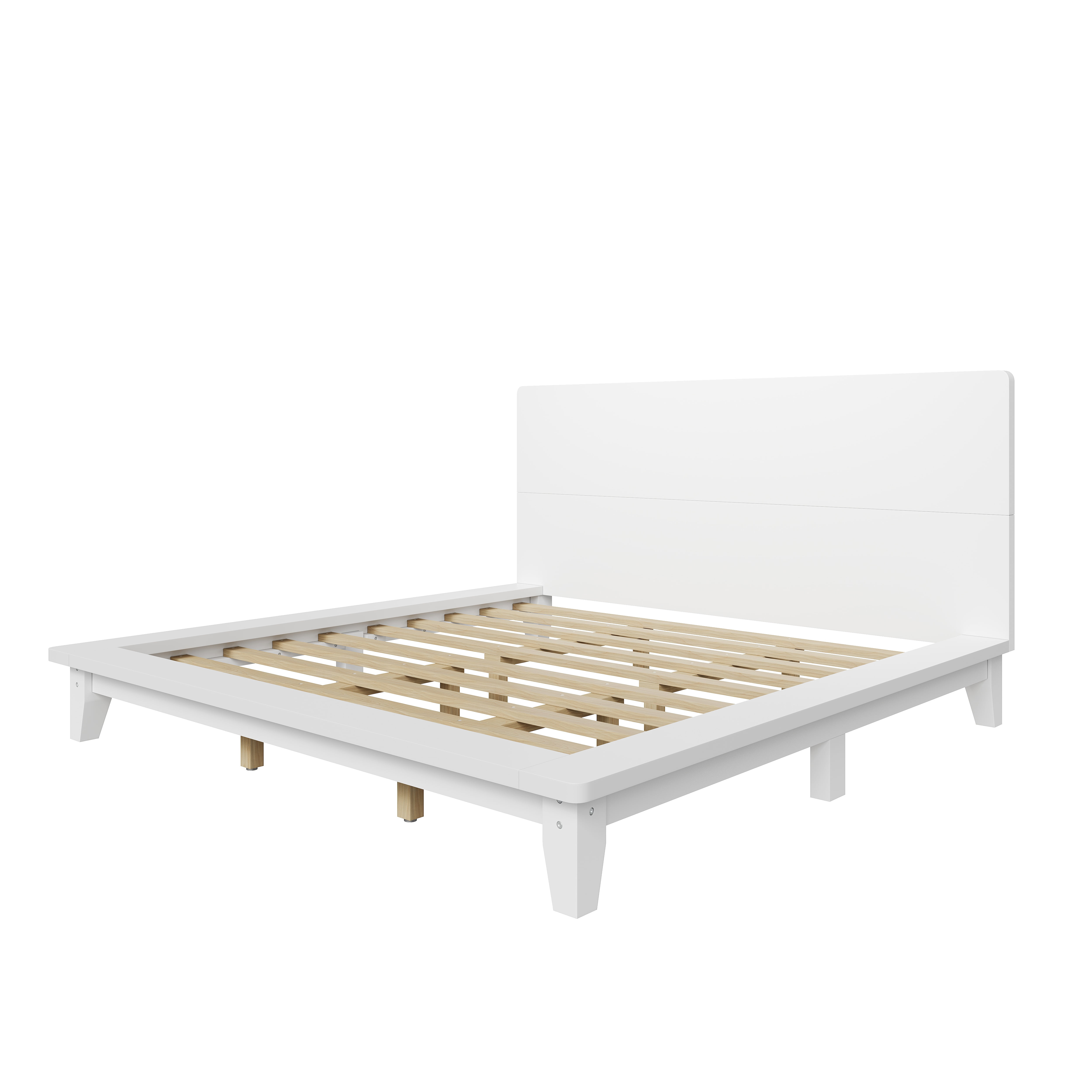 Mintazer King Size Platform Bed Frame with Headboard, Modern Bed with Slatted Support, No Box Spring Needed, White