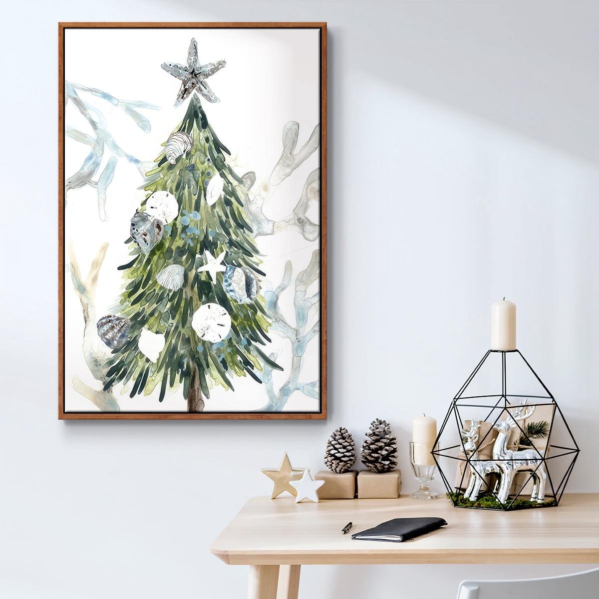 Coastal Christmas Shell Collection B - Framed Gallery Wrapped Holiday Canvas - 25 x 37 - Rosewood Frame