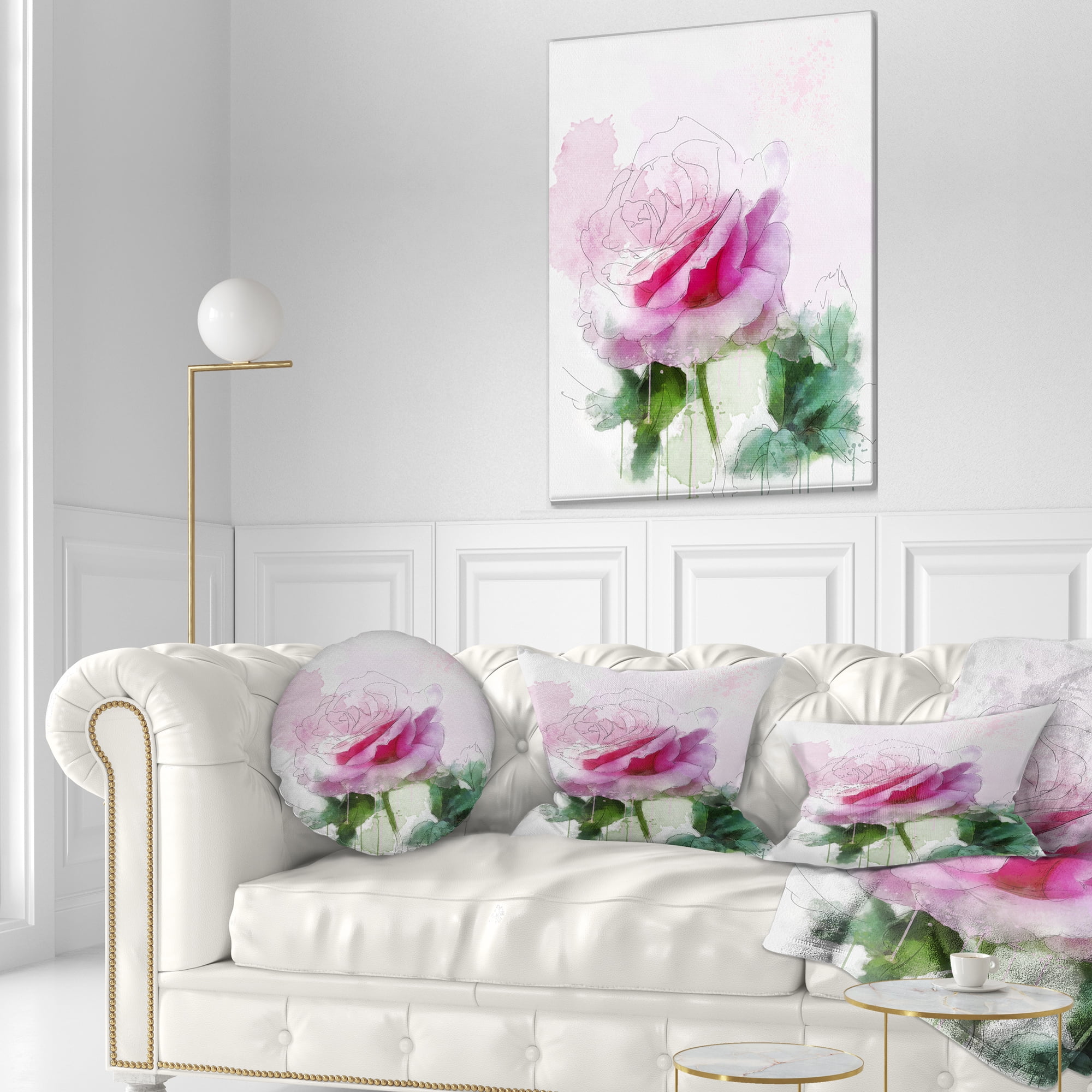 Designart Pink Rose Sketch with Green Leaves - Floral Throw Pillow - 12x20