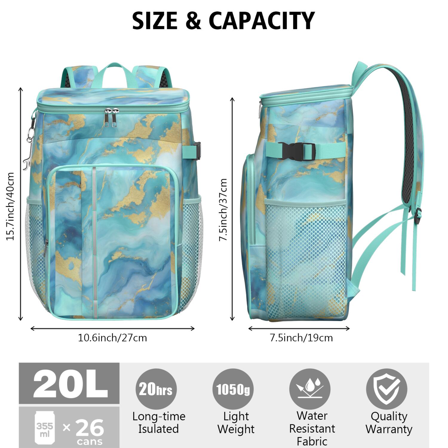 Travel Cooler Bag - Teal Gold Marble Camping Beer Cooler Backpack with Bottle Opener- Waterproof Insulated Picnic Backpacks - Cooler Bag for Beach