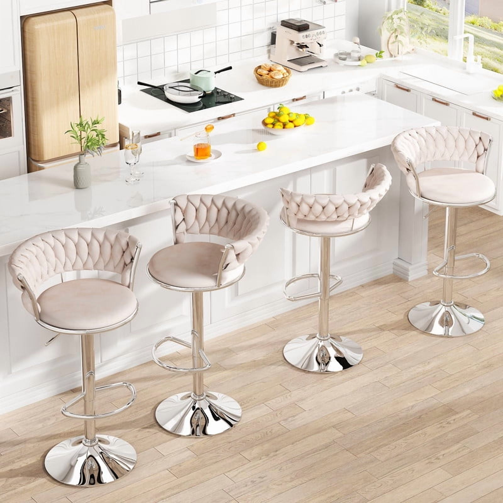 Baxluxe Velvet Bar Stool Set of 4, 360 Degree Swivel Bar Chair with Footrest & Backrest, 4 Pieces Adjustable Barstool Dining Chairs, Counter Height High Stool Pub Chair for Kitchen Island, Beige