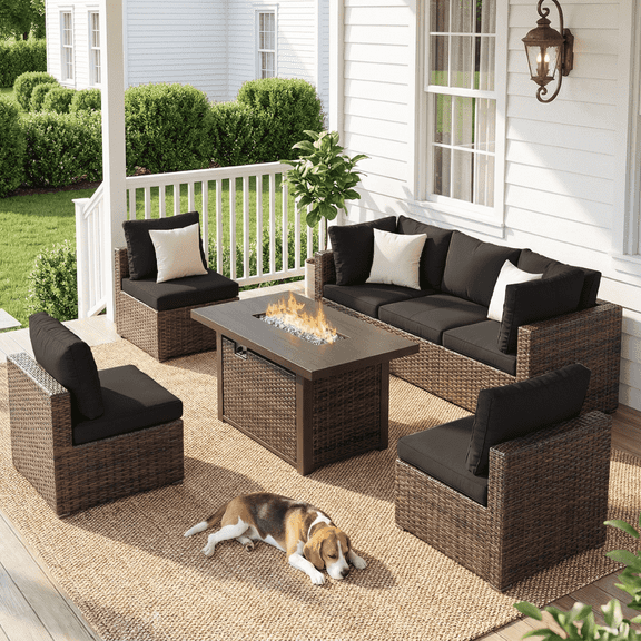 TANGJEAMER 7 Piece Patio Furniture Set with Fire Pit Table, All Weather Outdoor Sectional PE Rattan, Patio Conversation Sets with Cushions for Garden Lawn Balcony(Black)