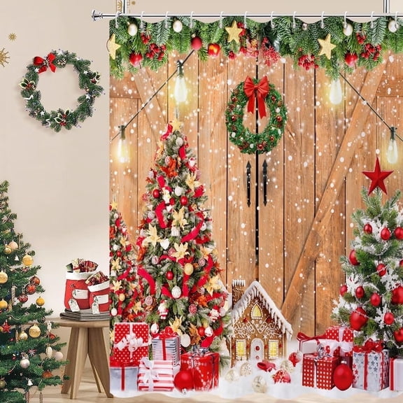 Christmas Shower Curtain, Farmhouse Rustic Barn Door Wooden Gingerbread House Xmas Tree Winter New Year Holiday Bathroom Curtain Waterproof Fabric Machine Washable with Hooks, 36" Wx72 L