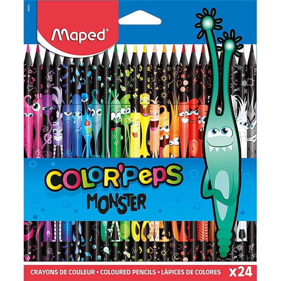 Maped Color'Peps Monster-24 Fun and Original Colouring Pencils - Bright Colours and Strong Lead - Pack of 24 Monster Decorated Pencils in Resin, 862624