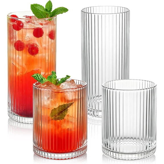 Ribbed Drinking Glasses 4 count, 12oz and 10oz Glassware, Tumbler Glasses Cup Set for Wedding, Party, Christmas , Clear