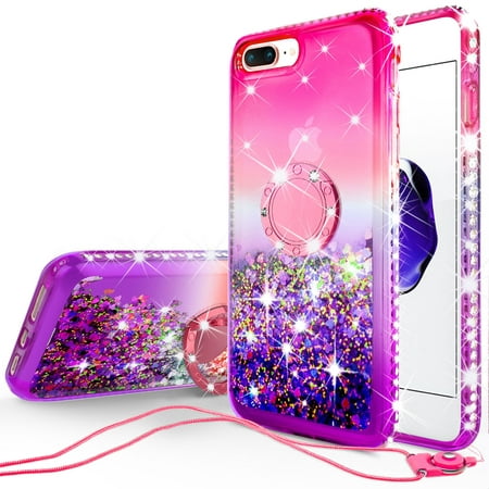 iPhone SE 3 5G 2022, iPhone SE 2 2020, iPhone 8 7 6S 6 Case, Liquid Glitter Phone Case Kickstand,Diamond Ring Stand Protective Pink Case for Girl Women, Hot Pink/Purple